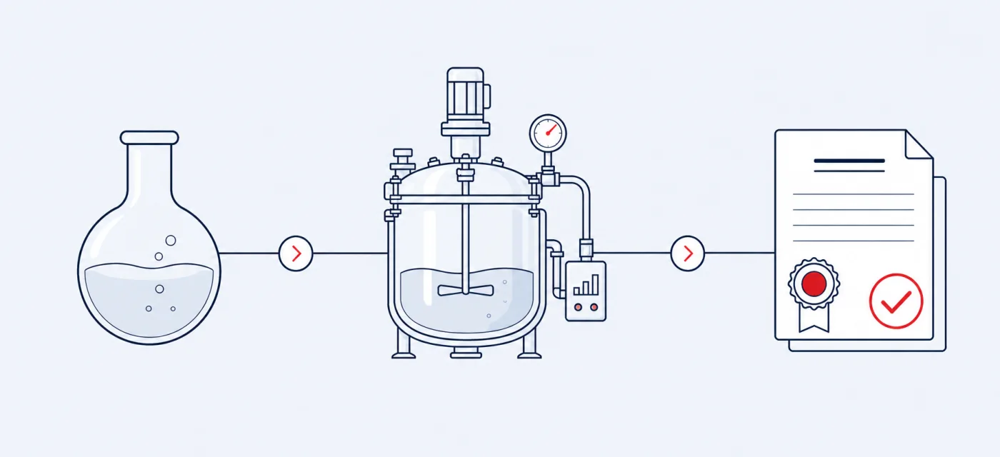 Research flow from lab process development to manufacturing optimization and patent acquisition